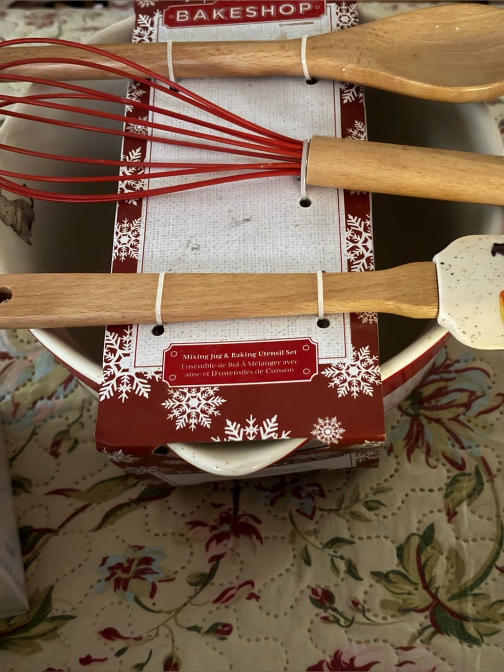 Bakeshop Red Silicone Whisk & Wooden Handle Baking Utensil Set, and large ceram.